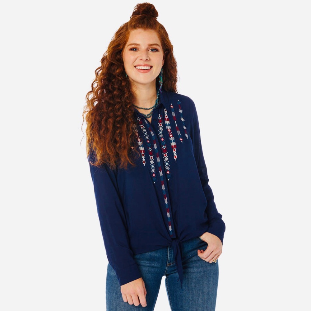 Wrangler Ladies Aztec Embroiderd Large Blue Button Top LW7527B Cowgirl Western